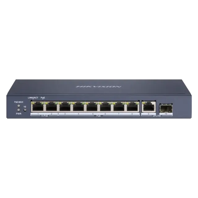 Hikvision DS-3E0510HP-E – 10-portno gigabitno neupravljano Hi-PoE stikalo, 120 W, SFP